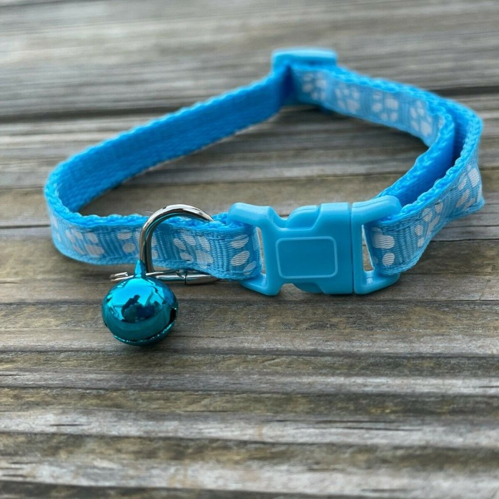 Cat Collar With Bell Adjustable Kitten Puppy Paw Print Blue Collars Adjustable - Picture 1 of 10